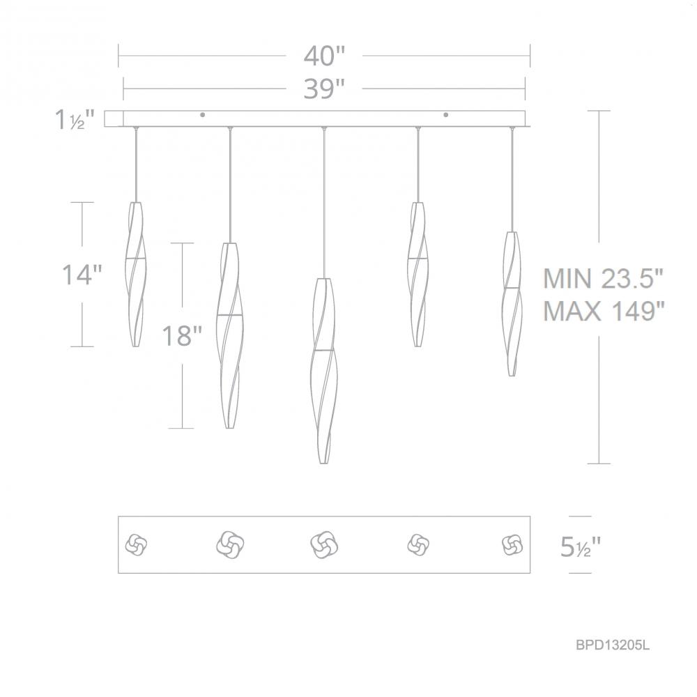 Kindjal 5 Light 120-277V Multi-Light Pendant (Linear Canopy) in Aged Brass with Clear Optic Crysta