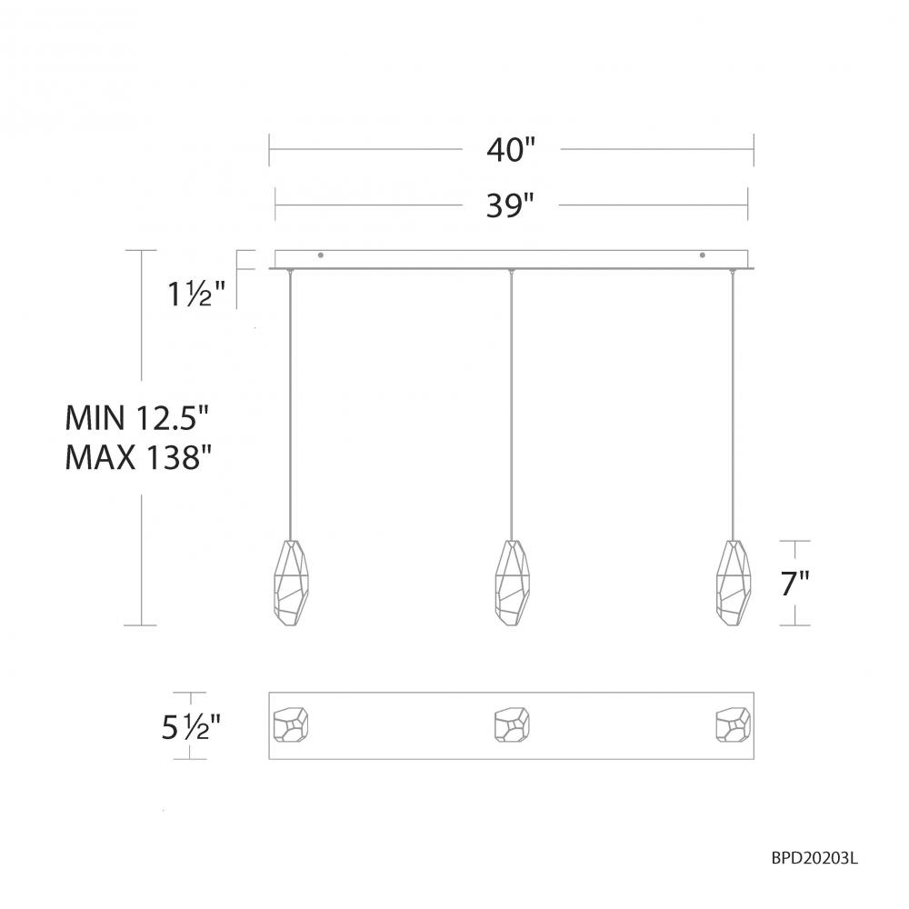 Martini 3 Light 120-277V Multi-Light Pendant (Linear Canopy) in Black with Clear Optic Crystal