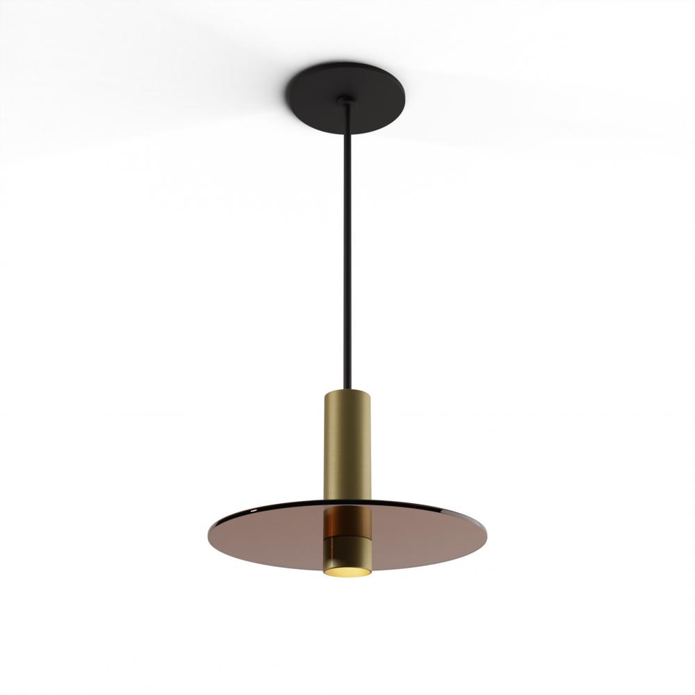 Combi Pendant 6" Single Unit Brass with Matte Black Canopy, 9" glass plate (Tea Brown) attac