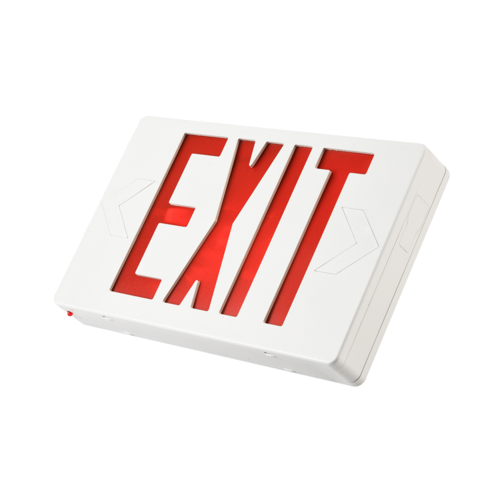 LED Emergency Exit Sign, 90 Min Backup, Damp Rated, RED Letters, UL Listed, 120/277VAC, White