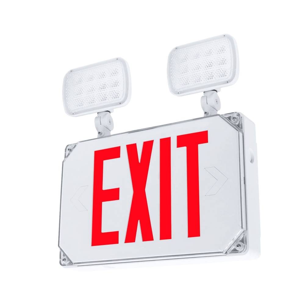 LED Wet Location Emergency/Exit Sign, 2 LED Lamps, 90 Min Backup, Damp Rated, RED Letters, UL Listed