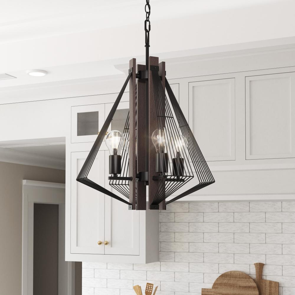 Zenith 4 Light Pendant - Black And Wood (50 pack)