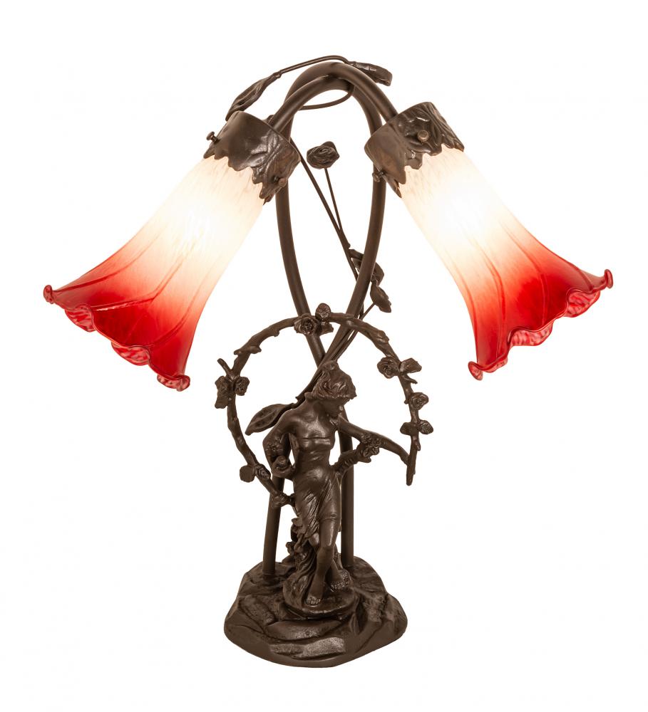 17" High Red/White Pond Lily Tiffany Pond Lily 2 Light Trellis Girl Accent Lamp