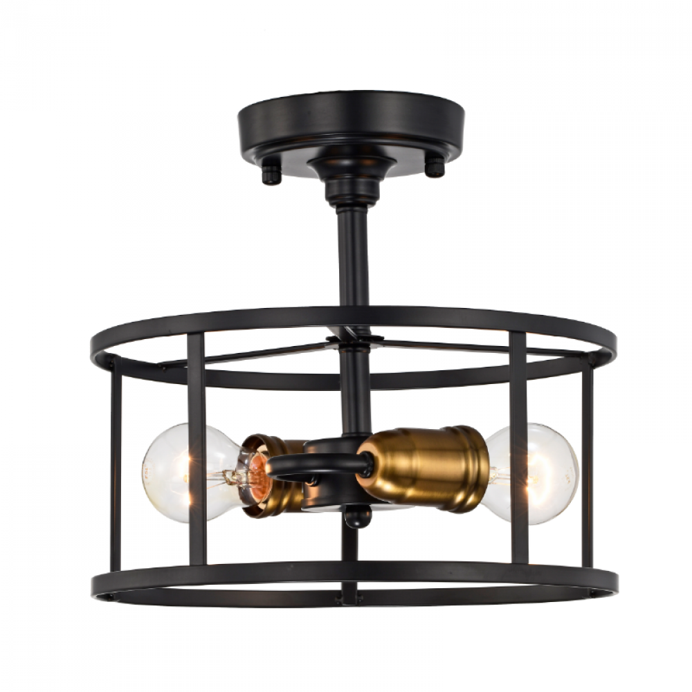 11" 2x60 W Semi-Flush Mount in Black finish with Gold Socket Rings