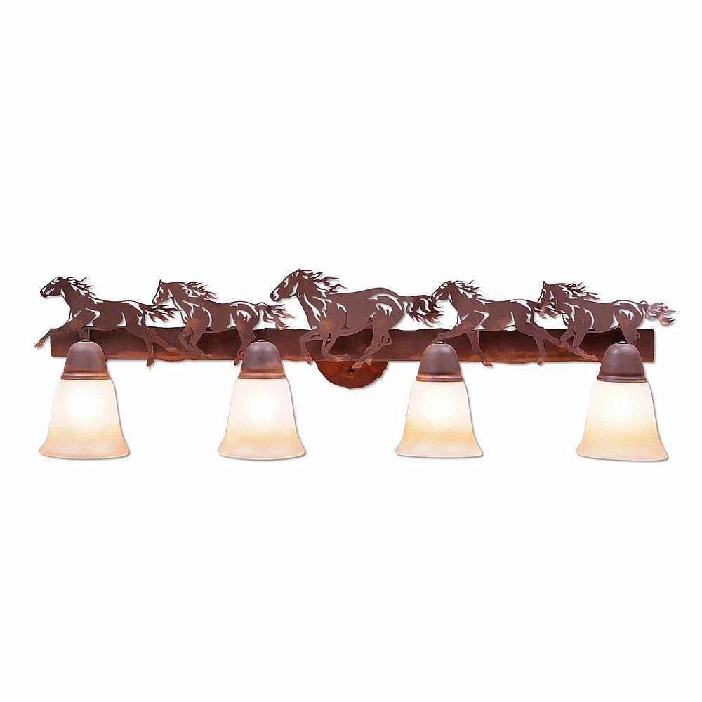 Lakeside Quad Bath Vanity Light - Horse - Two-Toned Amber Cream Bell Glass - Rust Patina Finish