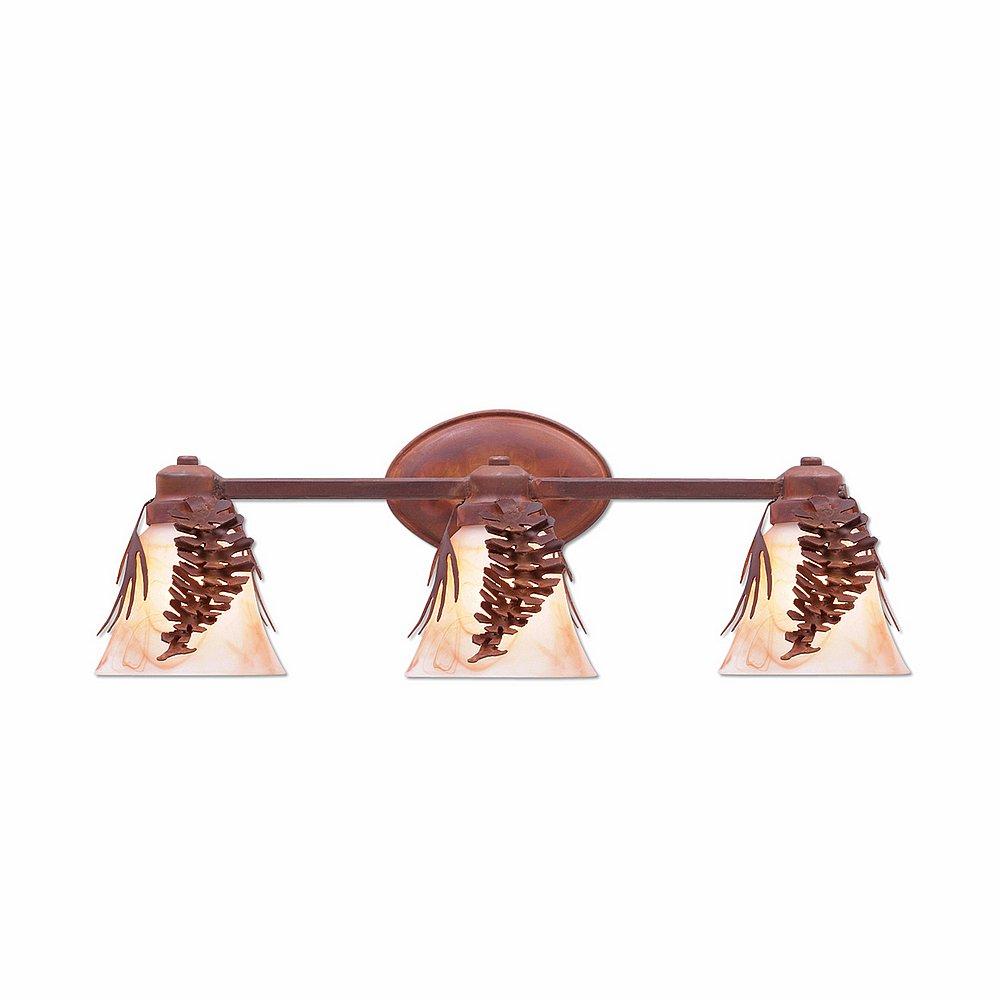 Sienna Triple Bath Vanity Light - Spruce Cone - Marbled Amber Swirl Bell Glass - Rust Patina Finish