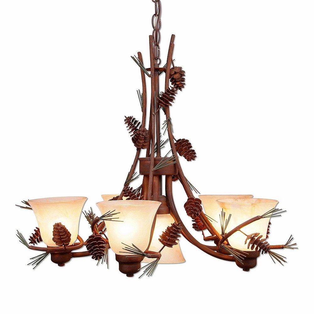 Sienna Chandelier Large - Pine Cone - Marbled Amber Swirl Bell Glass - Pine Tree Green