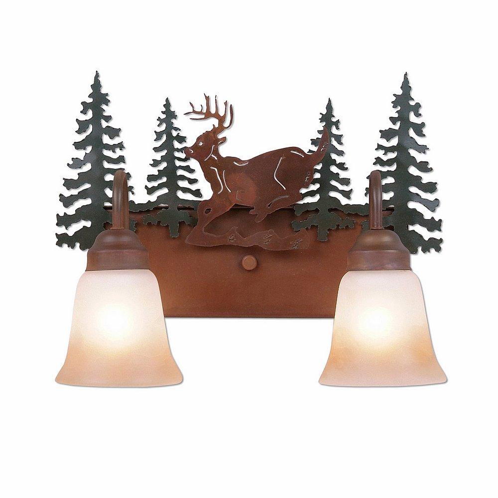 Wasatch Double Bath Vanity Light - Mountain Deer - Two-Toned Amber Cream Bell Glass - Cedar Green