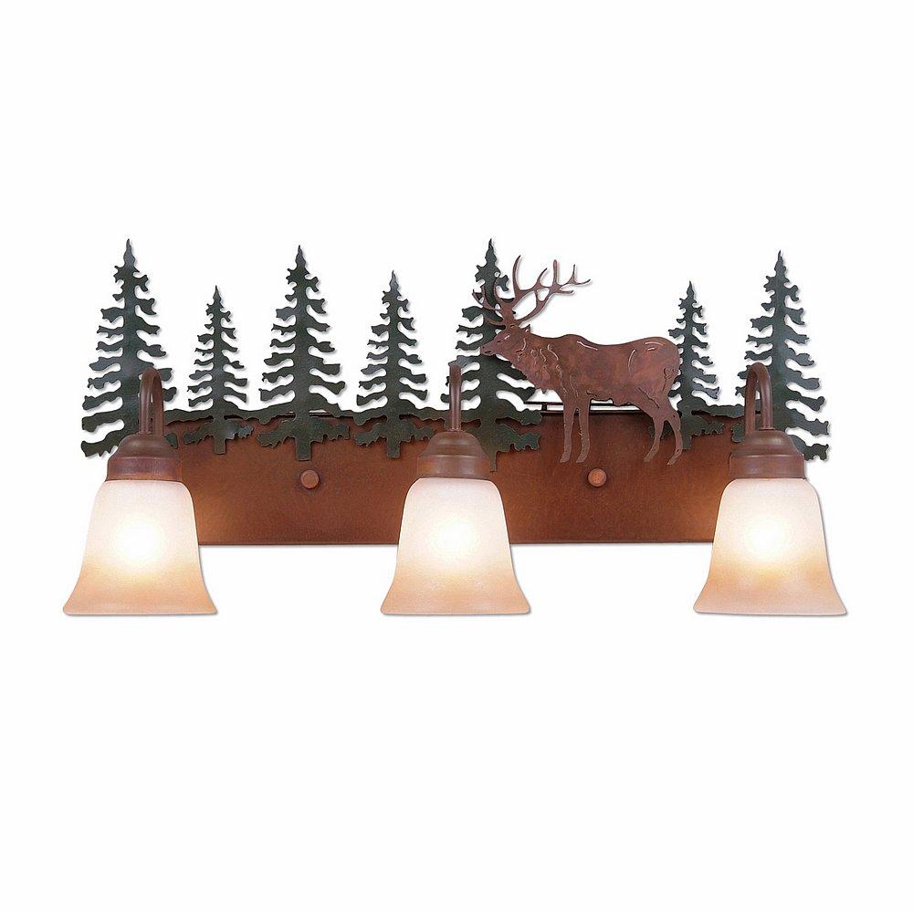 Wasatch Triple Bath Vanity Light - Valley Elk - Two-Toned Amber Cream Bell Glass - Cedar Green