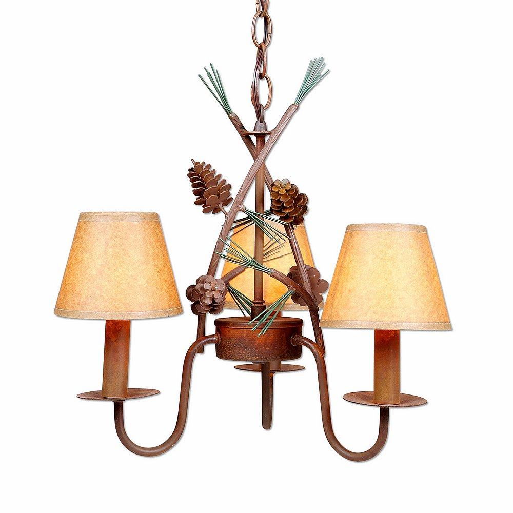 Diablo Mini-Chandelier - Pine Cone - Waxed Kraft Lampshade - Cedar Green-Rust Patina base Finish