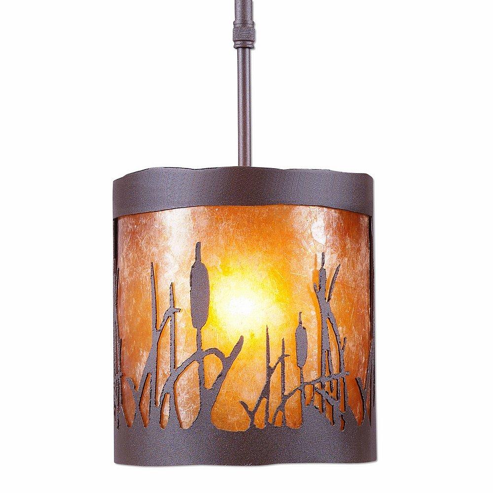 Kincaid Pendant Small - Cattails - Amber Mica Shade - Rustic Brown Finish - Adjustable Stem