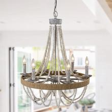 Eileen Grays LLC 8803-6110V - Parrot Uncle 24" Distressed Gray Wood Beaded 6-Light Candle Style Chandelier, Farmhouse