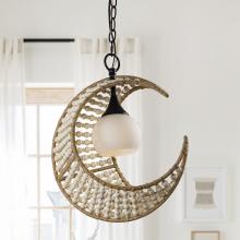 Eileen Grays LLC BBW9410-1 - Parrot Uncle 15" Weathered White Moon Shape 1-Light Wood Beaded Pendant Light , Farmhouse