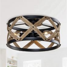 Eileen Grays LLC W9259-3110V - Parrot Uncle 15" Black and Distressed Wood Drum 3-Light Flush Mount Ceiling Light, Farmhouse