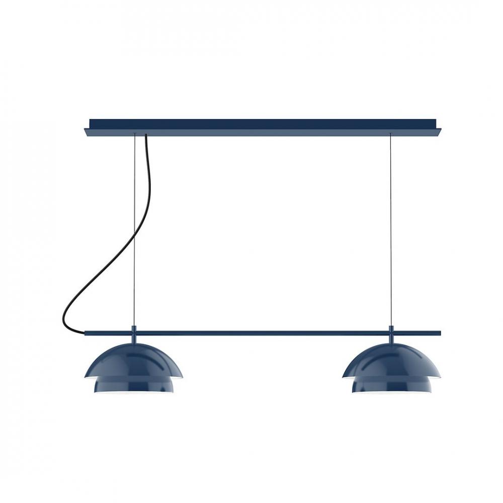 2-Light Linear Axis LED Chandelier with Brown and Ivory Houndstooth Fabric Cord, Navy