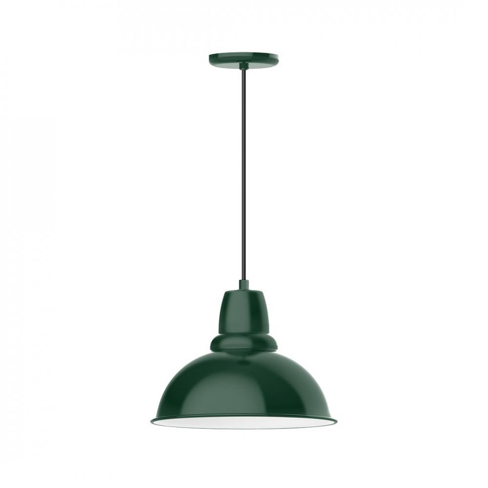 14" Cafe shade, LED Pendant with black cord and canopy, wire grill, Forest Green