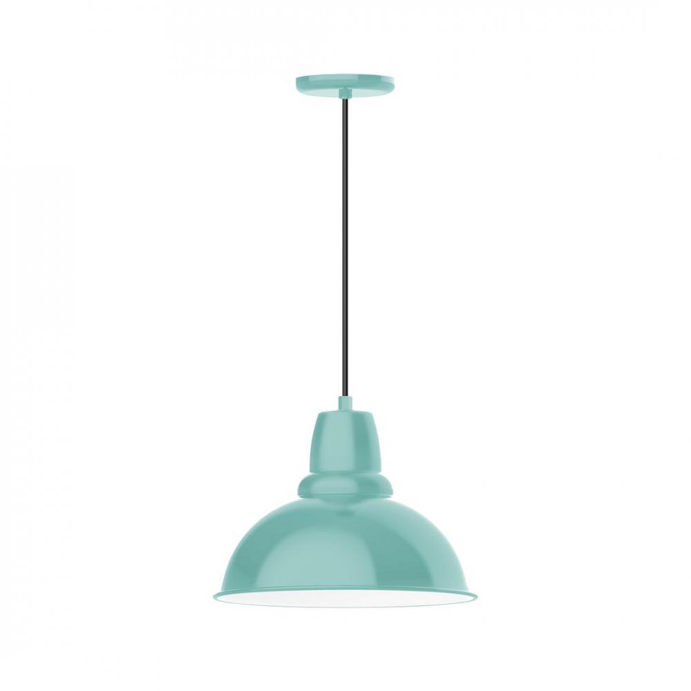 14" Cafe shade, LED Pendant with polished copper fabric cord and canopy, Sea Green