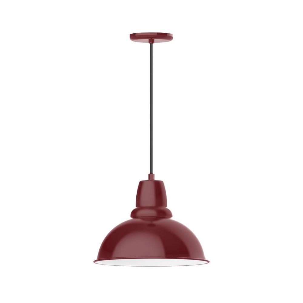 14" Cafe shade, LED Pendant with brown and ivory houndstooth fabric cord and canopy, Barn Red