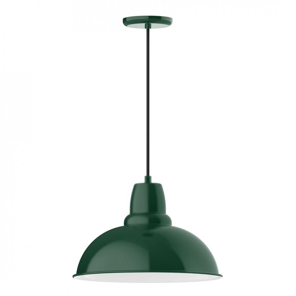 16" Cafe shade, LED Pendant with black and white houndstooth fabric cord and canopy, Forest Gree