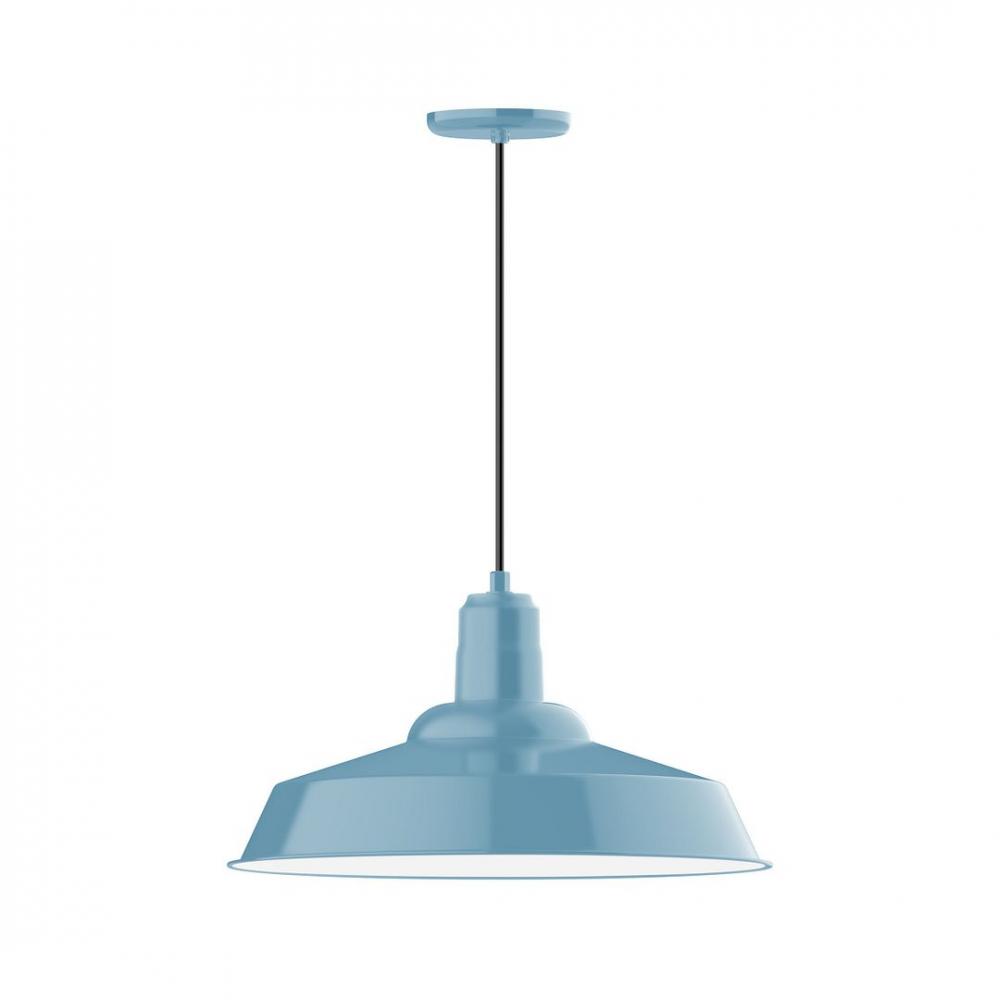 20" Warehouse shade, LED Pendant with black cord and canopy, wire grill, Light Blue