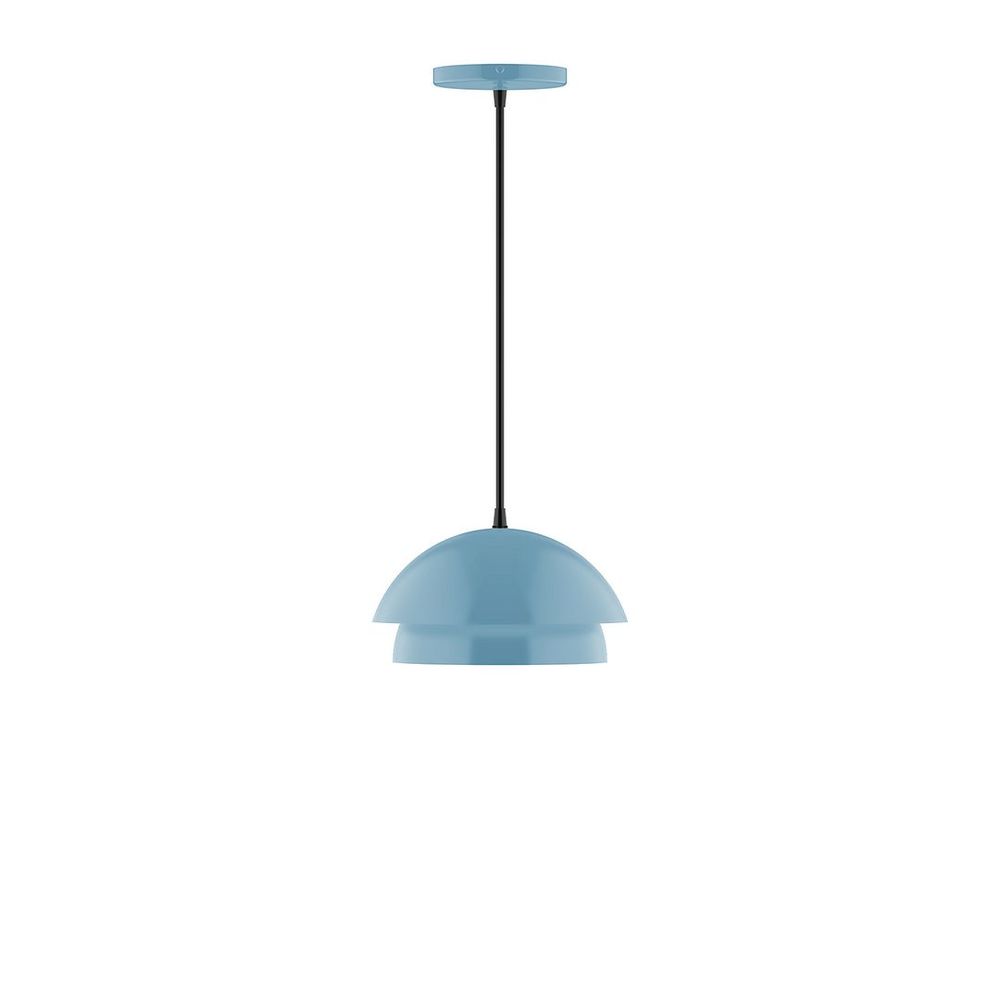 10" Nest LED Pendant, white and gray dot fabric cord with canopy, Light Blue