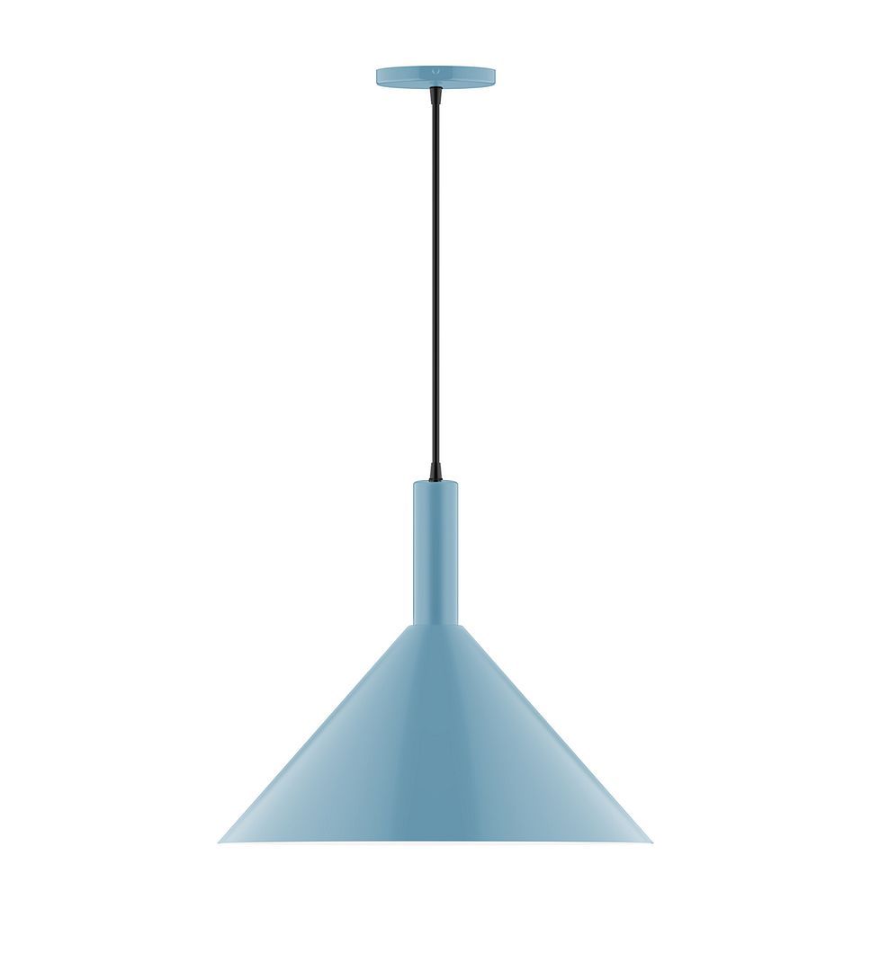 18" Stack Cone LED Pendant, black and white houndstooth fabric cord with canopy, Light Blue