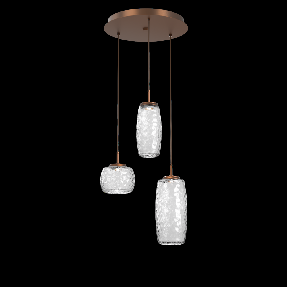 Vessel 3pc Round Multi-Pendant-Burnished Bronze-Clear Blown Glass-Cloth Braided Cord-LED 3000K