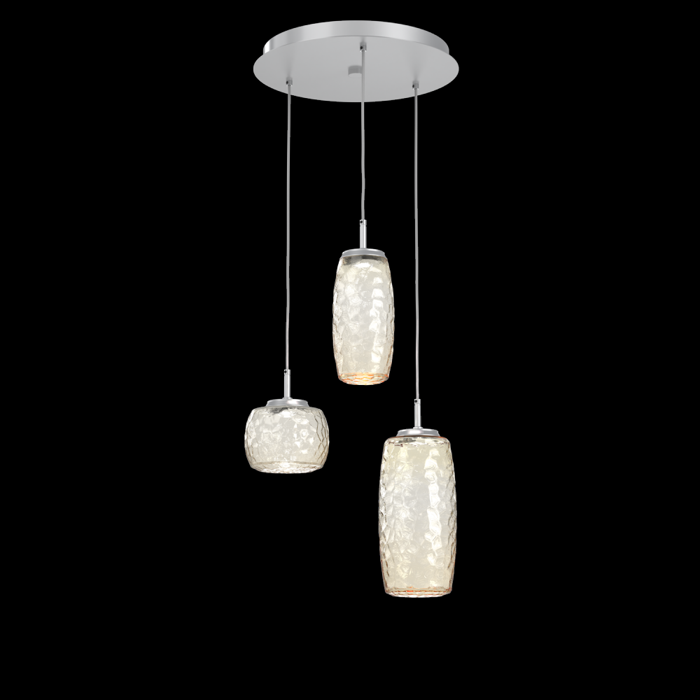 Vessel 3pc Round Multi-Pendant-Classic Silver-Amber Blown Glass-Cloth Braided Cord-LED 3000K