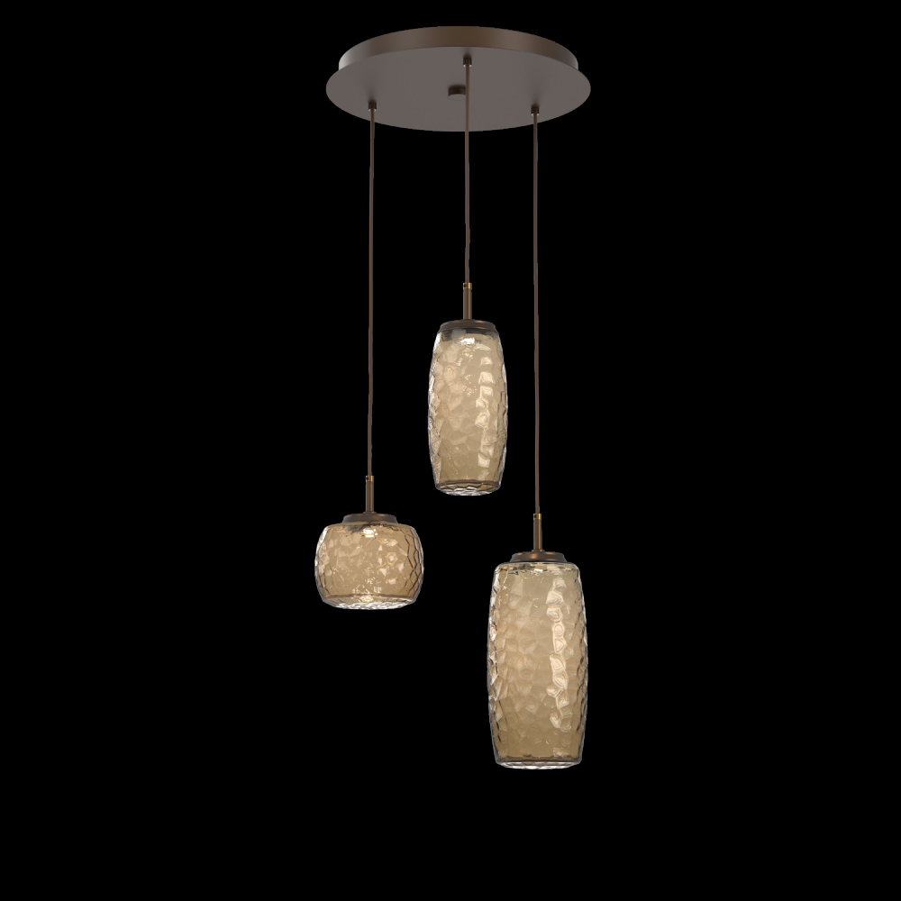 Vessel 3pc Round Multi-Pendant-Flat Bronze-Bronze Blown Glass-Cloth Braided Cord-LED 2700K