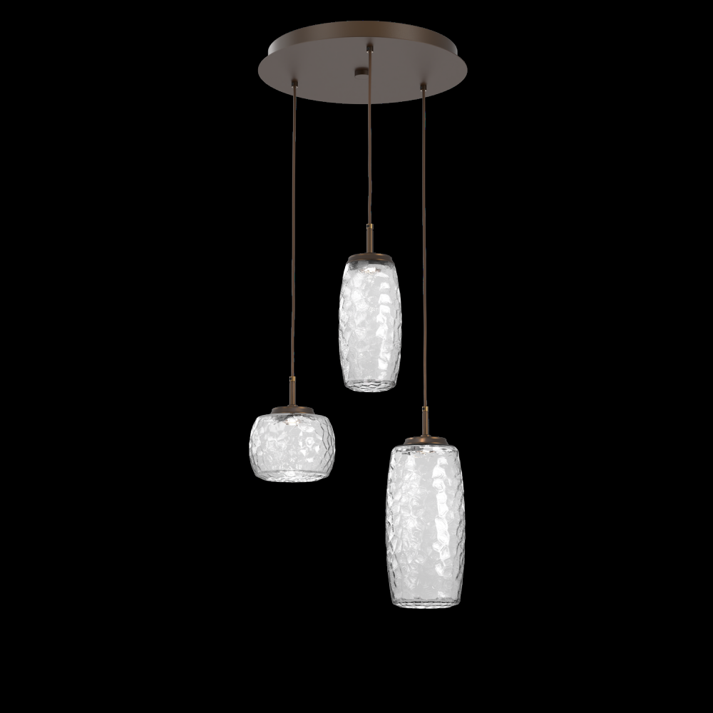 Vessel 3pc Round Multi-Pendant-Flat Bronze-Clear Blown Glass-Cloth Braided Cord-LED 3000K