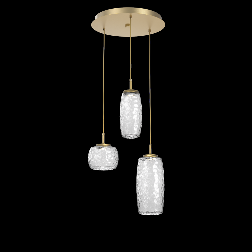 Vessel 3pc Round Multi-Pendant-Gilded Brass-Clear Blown Glass-Cloth Braided Cord-LED 3000K