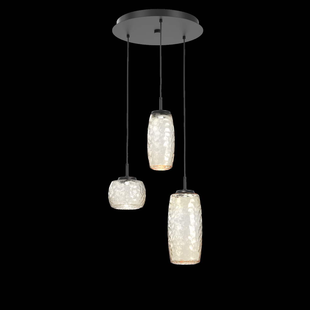 Vessel 3pc Round Multi-Pendant-Matte Black-Amber Blown Glass-Cloth Braided Cord-LED 2700K