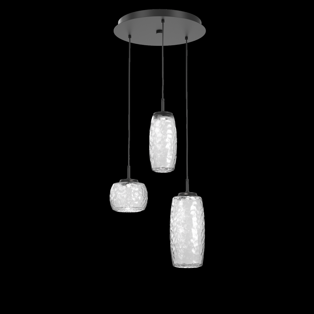 Vessel 3pc Round Multi-Pendant-Matte Black-Clear Blown Glass-Cloth Braided Cord-LED 3000K