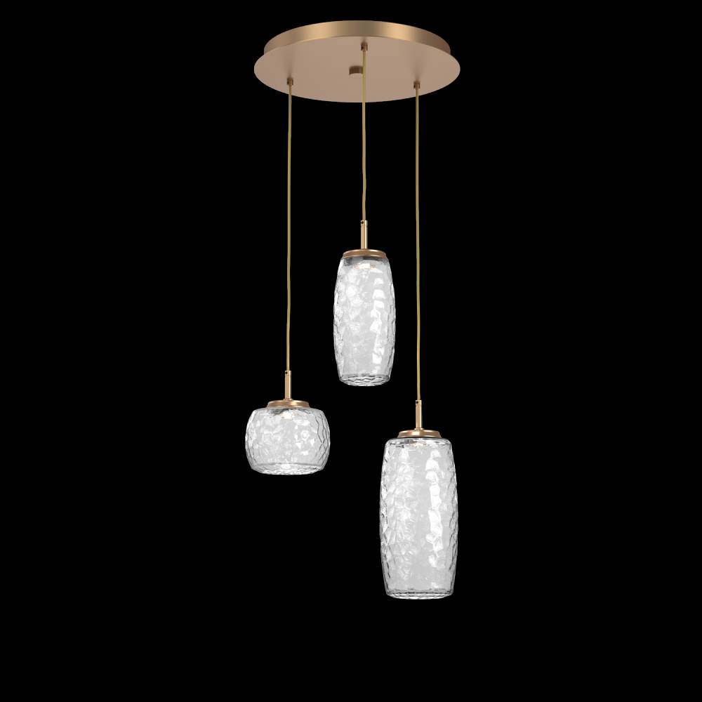 Vessel 3pc Round Multi-Pendant-Novel Brass-Clear Blown Glass-Cloth Braided Cord-LED 3000K