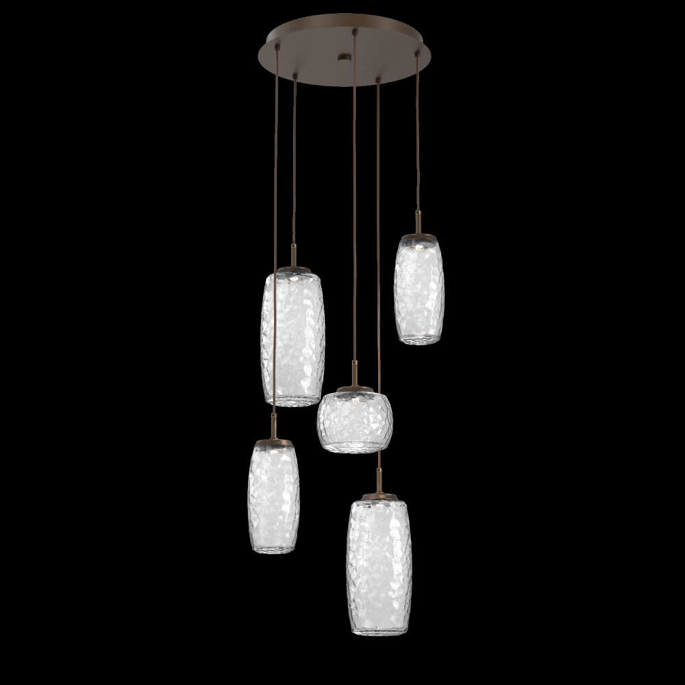 Vessel 5pc Round Multi-Pendant-Flat Bronze-Clear Blown Glass-Cloth Braided Cord-LED 3000K