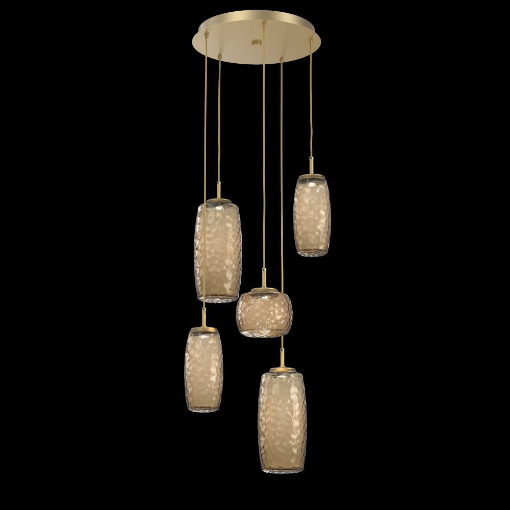 Vessel 5pc Round Multi-Pendant-Gilded Brass-Bronze Blown Glass-Cloth Braided Cord-LED 2700K