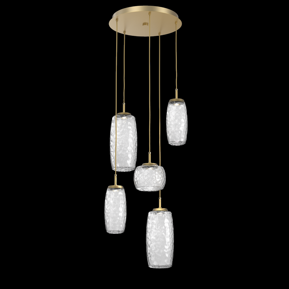 Vessel 5pc Round Multi-Pendant-Gilded Brass-Clear Blown Glass-Cloth Braided Cord-LED 3000K