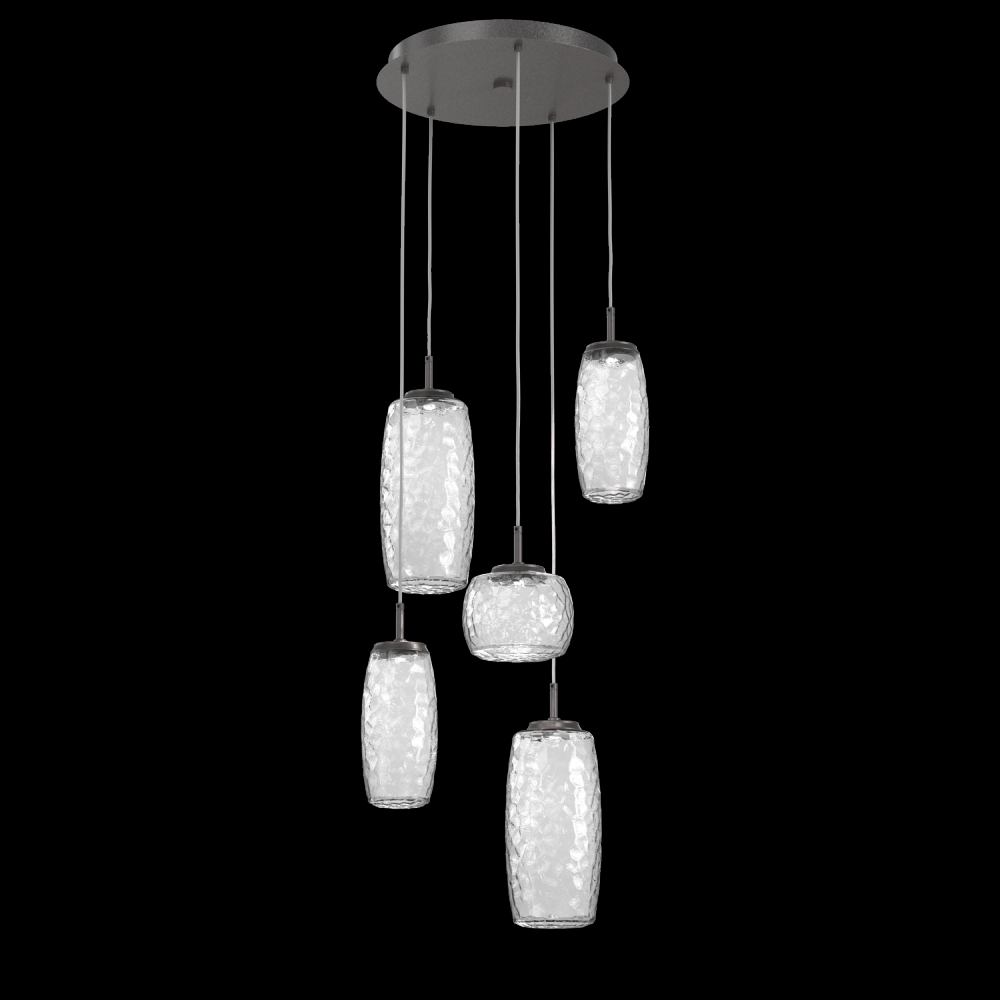 Vessel 5pc Round Multi-Pendant-Graphite-Clear Blown Glass-Cloth Braided Cord-LED 3000K