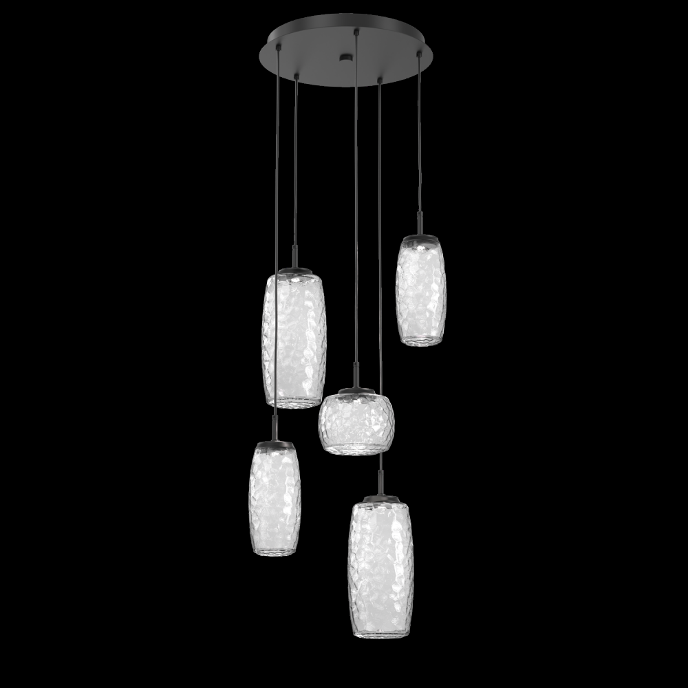 Vessel 5pc Round Multi-Pendant-Matte Black-Clear Blown Glass-Cloth Braided Cord-LED 3000K