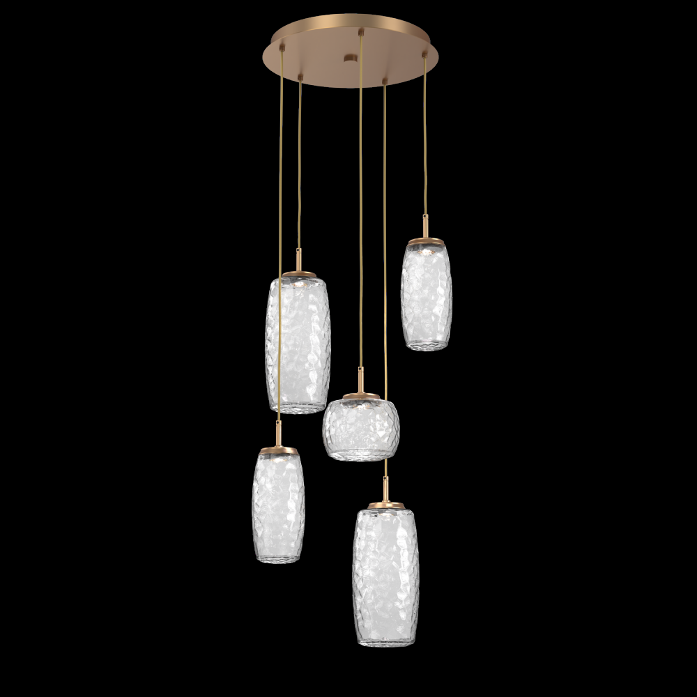 Vessel 5pc Round Multi-Pendant-Novel Brass-Clear Blown Glass-Cloth Braided Cord-LED 3000K