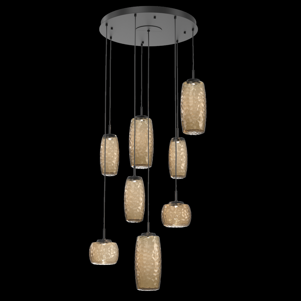 Vessel 8pc Round Multi-Pendant-Matte Black-Bronze Blown Glass-Cloth Braided Cord-LED 2700K