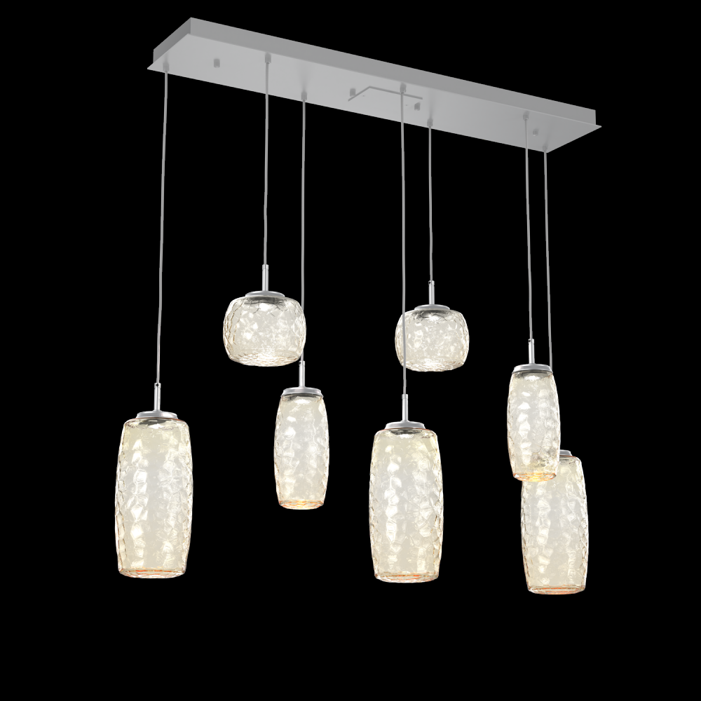 Vessel 7pc Linear Multi-Pendant-Classic Silver-Amber Blown Glass-Cloth Braided Cord-LED 3000K