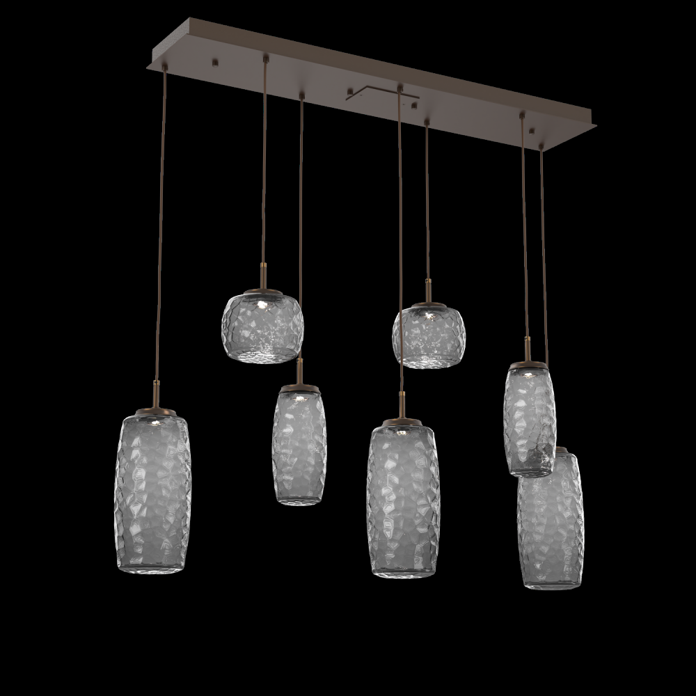 Vessel 7pc Linear Multi-Pendant-Flat Bronze-Smoke Blown Glass-Cloth Braided Cord-LED 3000K