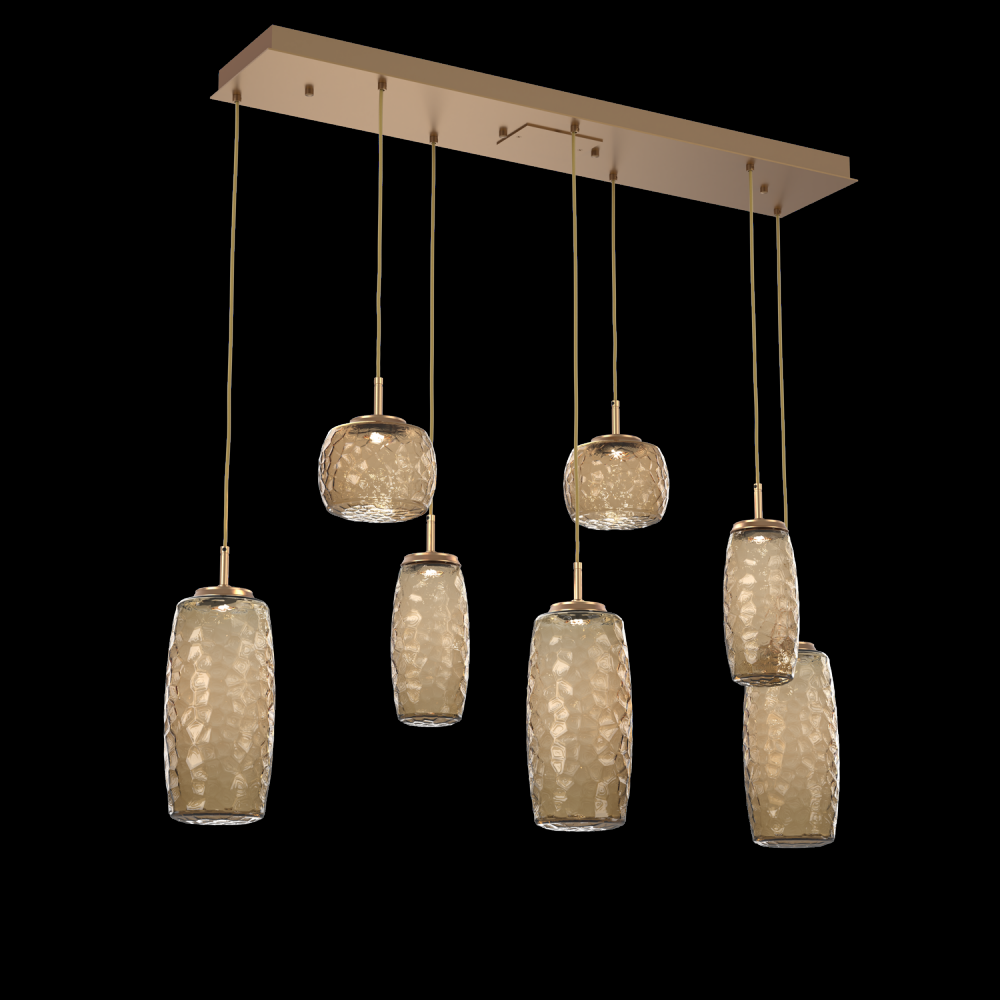 Vessel 7pc Linear Multi-Pendant-Novel Brass-Bronze Blown Glass-Cloth Braided Cord-LED 2700K