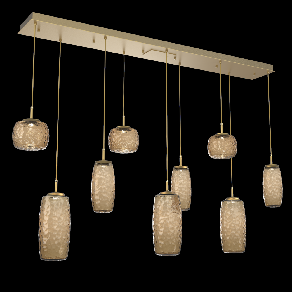 Vessel 9pc Linear Multi-Pendant-Gilded Brass-Bronze Blown Glass-Cloth Braided Cord-LED 3000K