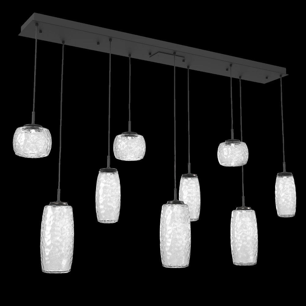 Vessel 9pc Linear Multi-Pendant-Matte Black-Clear Blown Glass-Cloth Braided Cord-LED 3000K