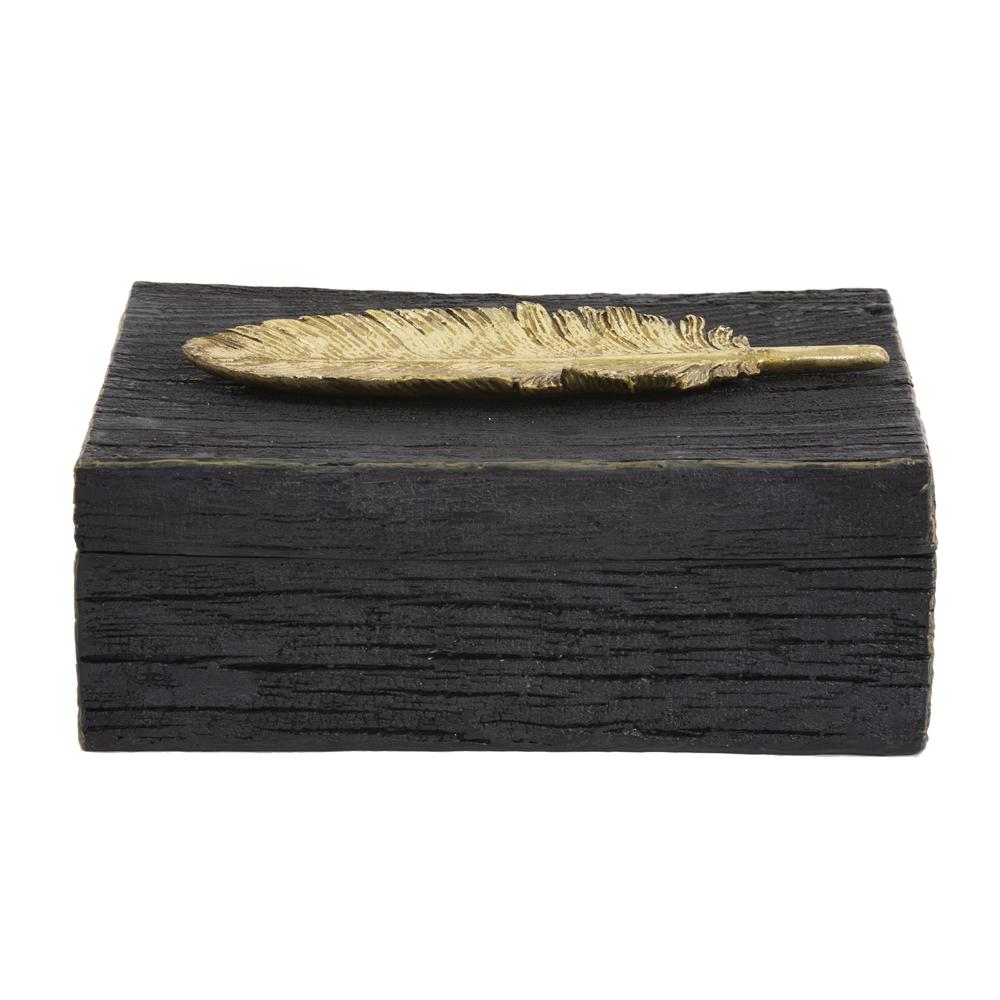 Rustic Faux Wood Box with Gold Feather Accent