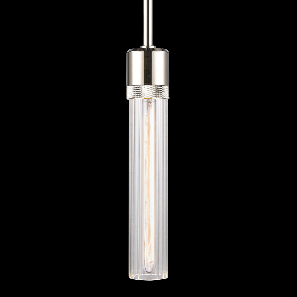 3" E26 Cylindrical Pendant Light, 12" Fluted Glass and Polished Nickel Finish