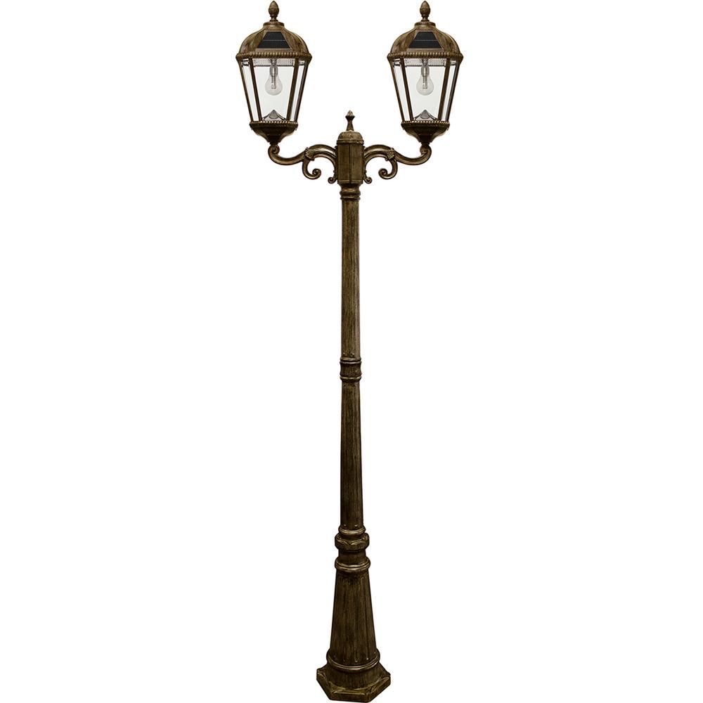 Royal Bulb Double Head Lamp Post with GS Solar LED Light Bulb- Weathered Bronze Finish