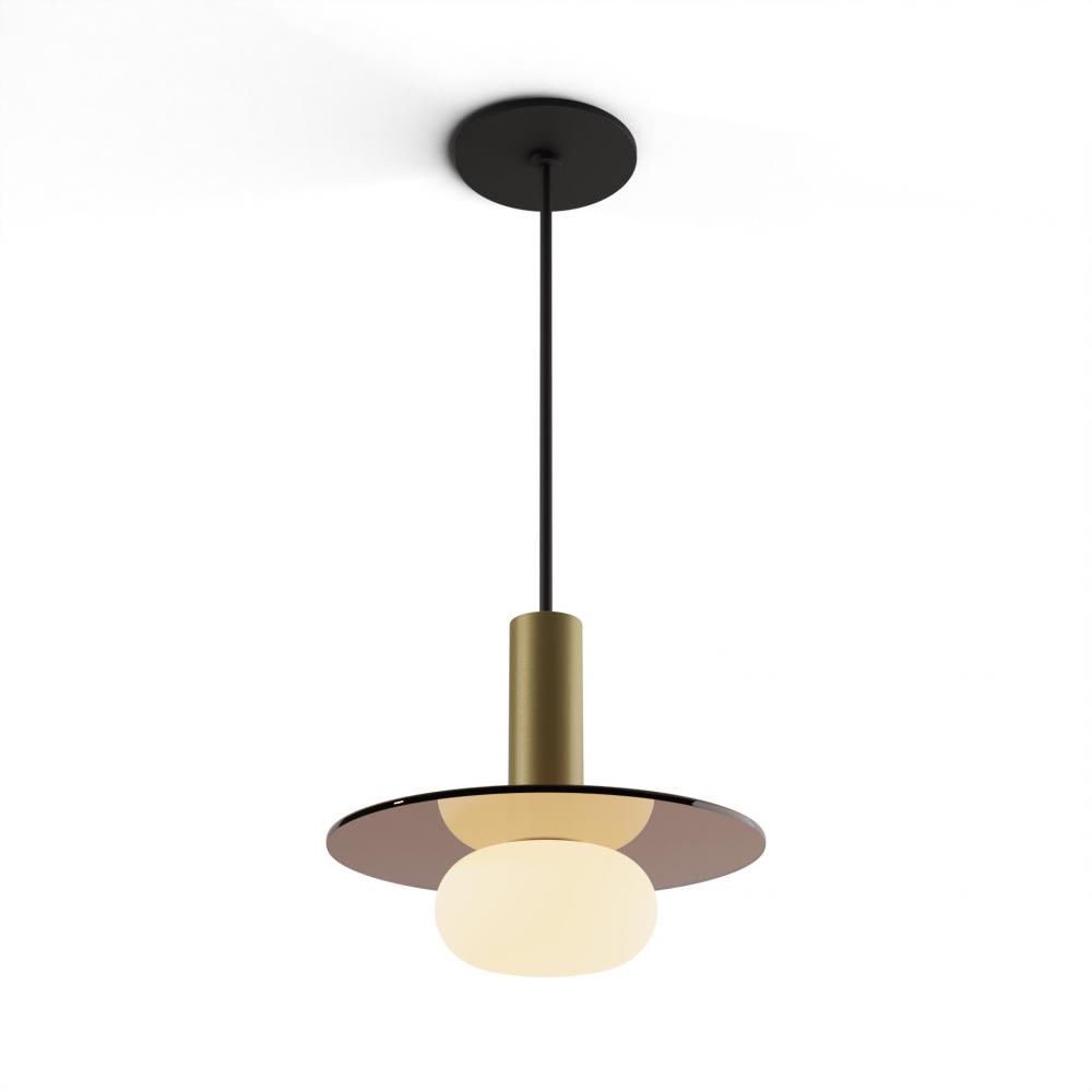 Combi Pendant 6" Single Unit Brass with Matte Black Canopy, 9" glass plate (Tea Brown) attac